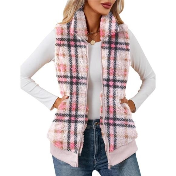 New Womens Fuzzy Fleece Vest, Casual Warm Sleeveless Zip Up Sherpa Vest - Picture 1 of 6